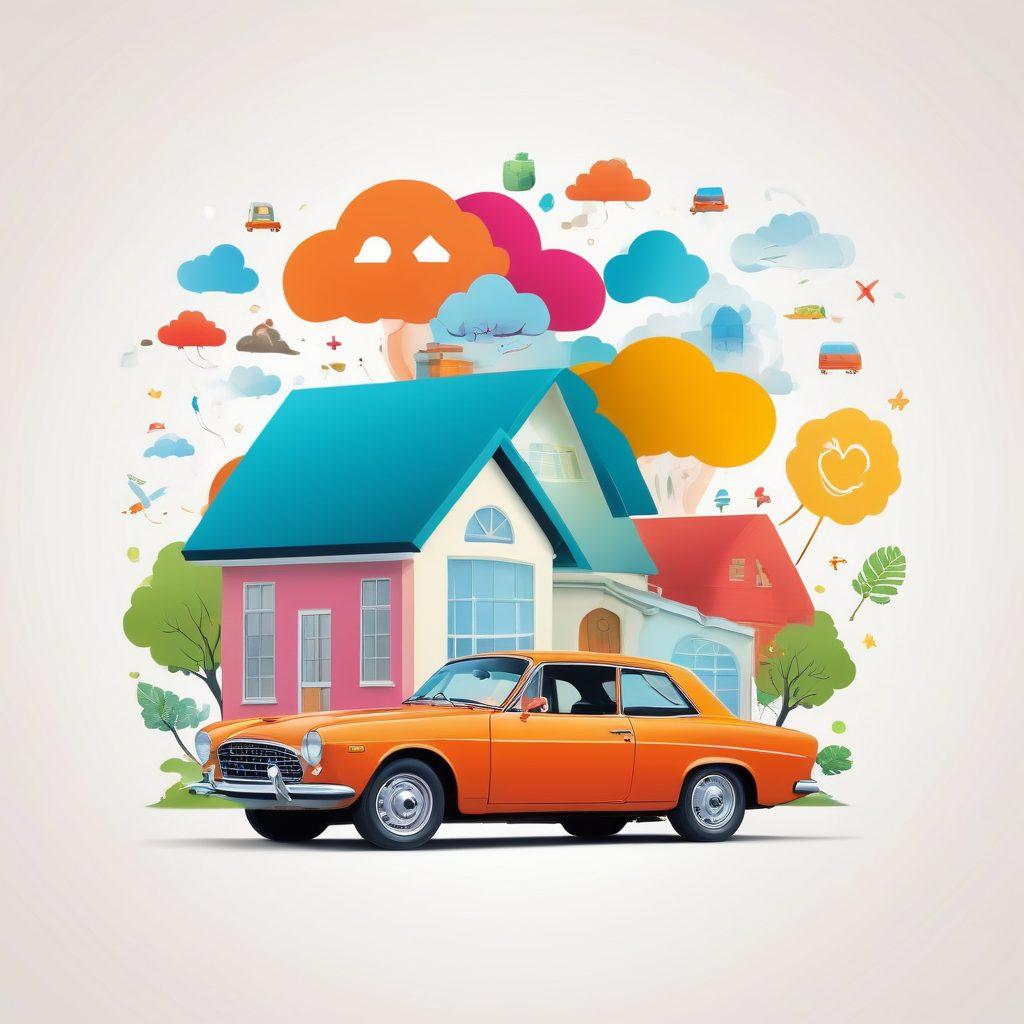 A visually engaging collage representing various types of insurance, including images of a car, a home, and a healthy family, each enclosed in colorful thought bubbles. The background should feature a harmonious blend of financial elements, like a calculator and a dollar sign. The overall mood should be informative yet inviting, emphasizing the diversity of insurance options available. vibrant colors. vector art. white background.