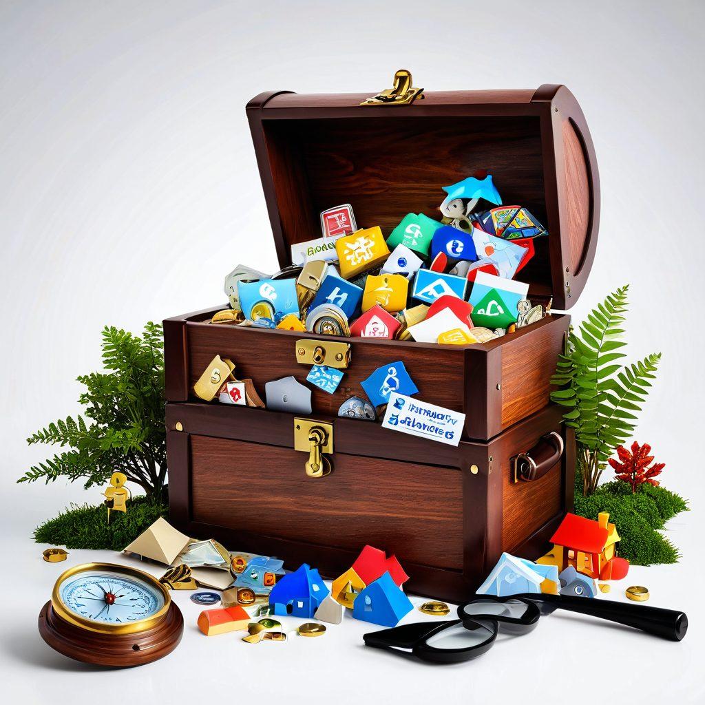 A visually engaging representation of an open treasure chest filled with various insurance policy icons, such as health, auto, and home. Surrounding the chest are a magnifying glass and a compass to symbolize guidance and discovery in choosing insurance. The background features a calm landscape, reflecting serenity and security. The overall tone is vibrant and inviting, encouraging readers to explore and unlock the secrets of insurance. super-realistic. vibrant colors. white background.